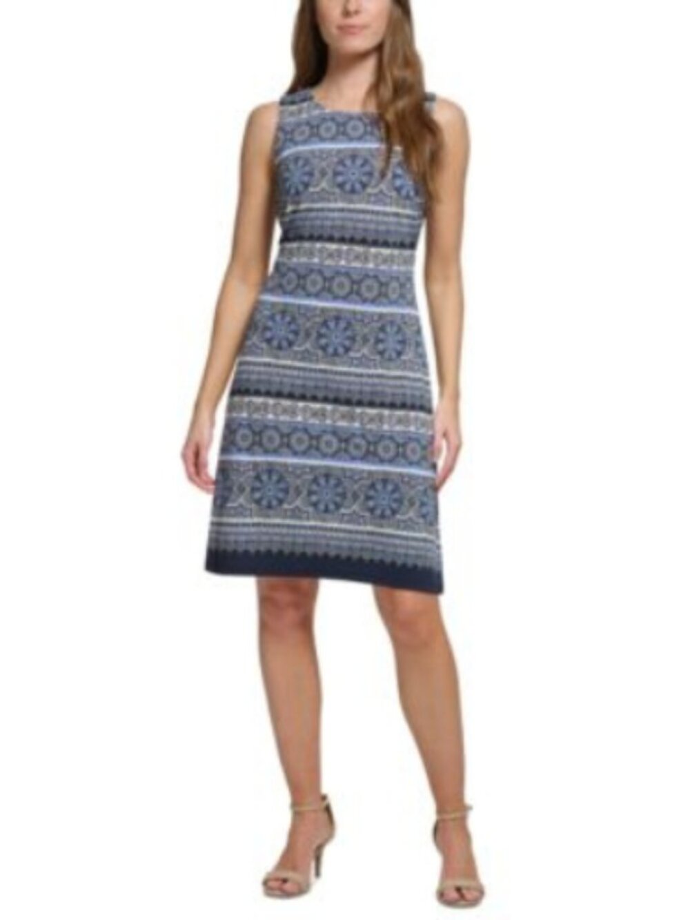 Tommy Hilfiger Blue White Black Jersey Sleeveless Round Neck Sheath Dress Size 6